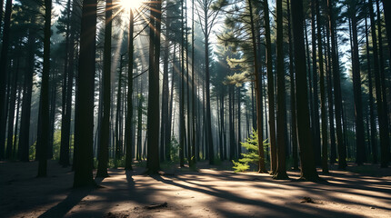 Fototapeta premium Sunlight Filtering Through Trees onto Quiet Forest Floor