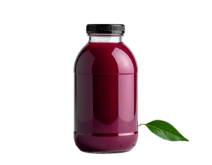 Bottle of red liquid with a green leaf on transparent background