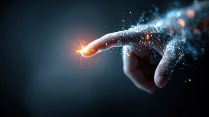 Illuminated fingertip makes contact with digital energy on a dark background