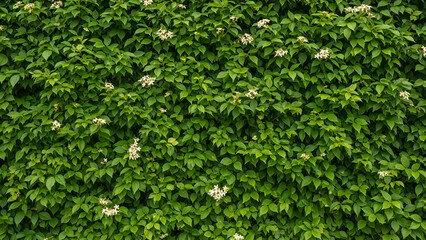 Green ivy climbs up a brick wall, creating a lush, natural texture with small white flowers blooming in the sunlight, showcasing vibrant growth.