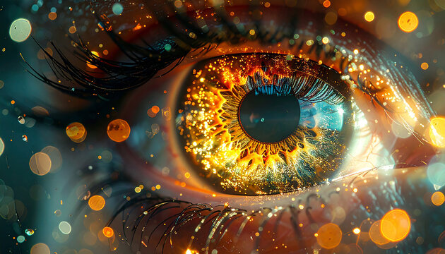 Visionary Gaze: Intricate details of the eye, sparkling with an otherworldly radiance. This image captures the essence of sight, perception, and the mysteries held within a single glance.