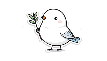 Pixelated Bird Holding Green Branch With White Feathers and Blue Wing on Transparent Background