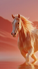 Naklejka premium Golden Horse in Scenic Dawn: A majestic golden horse strides gracefully through a misty expanse, its coat gleaming in the soft light of a surreal dawn, creating a serene and captivating scene.
