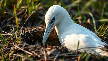 seabird. White seabird using its beak to repair nest crevices among mud and grass. wildlife magazines, conservation campaigns, designed for eco-tourism storytelling, supports conservation.