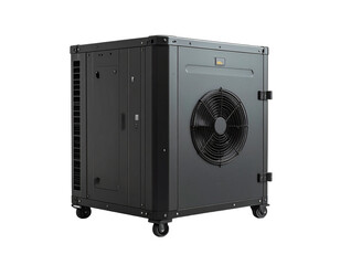 Fototapeta premium Isolated black computer case with front fan on transparent background