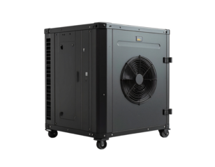 Isolated black computer case with front fan on transparent background