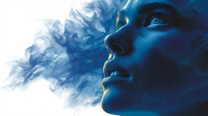 Fototapeta premium Mystical Serenity: A woman's profile is delicately framed by ethereal wisps of blue, as her gaze turns heavenward. This artwork is a poetic representation of inner peace.