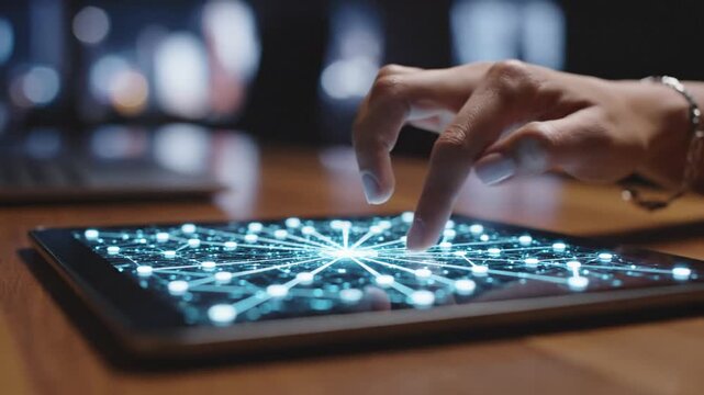 P455-Finger touching illuminated tablet surface with digital node glow symbolizing business digitization 4K 10s