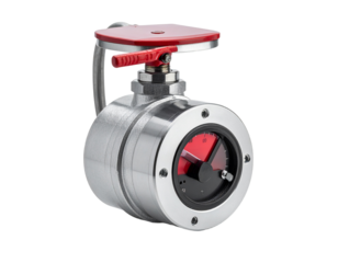 Metallic industrial valve with red handle isolated on transparent background