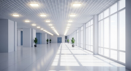 An empty hallway with grid ceiling and large windows is brightly lit in a modern building, offering a clean, minimalist architectural space.