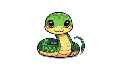 Pixelated Green Snake With Large Eyes and Smiling Face on Black Background