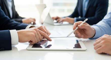 Close-up shot of a business team using a digital tablet and laptop during a meeting on a white conference table, hands gesturing and collaborating in a modern workspace.