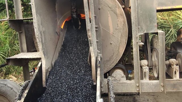 Workers using a machine to mix asphalt, Close up of a Bitumen Mixing Machine OR Asphalt Mixer, it is widely used in India and road construction contexts.