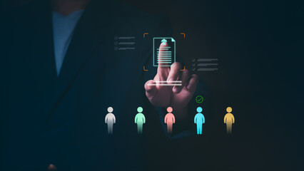 Businessman touching a virtual screen for human resources management and recruitment. Concept of selecting candidates, digital document verification, employee evaluation, and hiring talent.