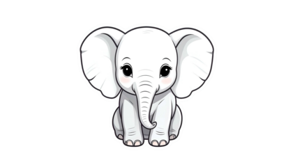 Pixelated White Elephant Sitting Against Black Background with Cute Features