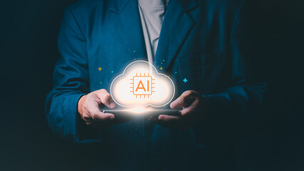 Businessman holding smartphone with glowing AI cloud computing icon, Concept for artificial intelligence, big data processing, smart technology solutions, and futuristic digital innovation.