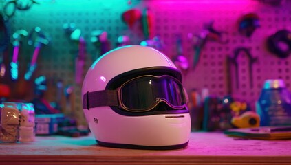 white motorcycle helmet with goggles on the table