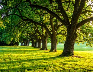 Fototapeta premium Sunny morning light filters through a line of stately trees in a park