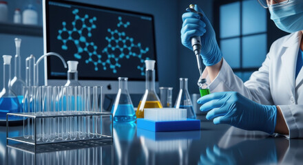 Close up of a scientist wearing blue gloves conducting an experiment with a pipette and green liquid in a lab with test tubes and molecule structure displayed on the computer screen.