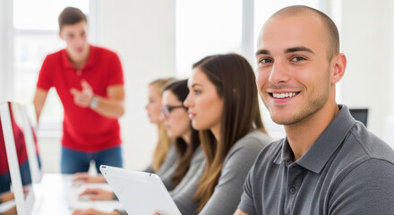 Young man in gray shirt smiles in a bright computer lab filled with students at desks and an instructor in red shirt overseeing the class.