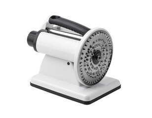 White object with handle and circular disc element on transparent background isolated view