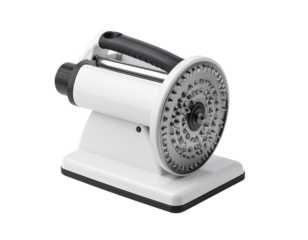 White object with handle and circular disc element on transparent background isolated view