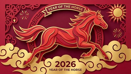 Dynamic paper cut illustration for the Year of the Horse, showcasing a powerful red equine galloping over auspicious golden clouds with traditional festive detail