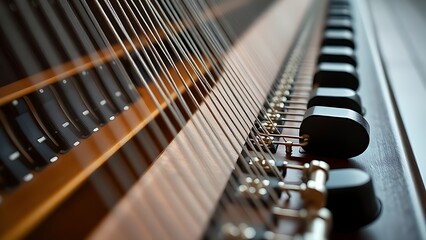 clavichord. Close-up of a clavichord's intricate string and plectrum mechanism, showcasing precise symmetry. event programs, museum guides, designed for cultural heritage projects and event programs.