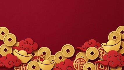 Festive red background with traditional gold ingots, Chinese coins, and auspicious clouds in a stylized paper-cut design, perfect for Lunar New Year celebrations and prosperity