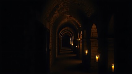 unanimity. A narrow stone corridor with arched niches lit by flickering candles, deep perspective. real-estate listings.