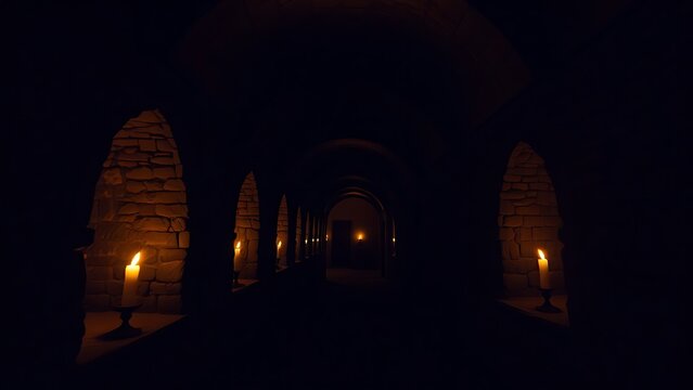 unanimity. A narrow stone corridor with arched niches lit by flickering candles, deep perspective. real-estate listings.