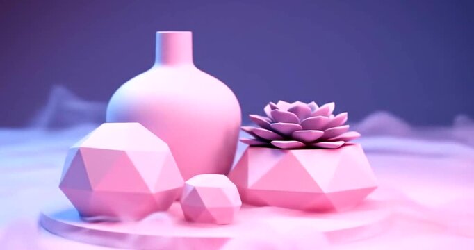 Still life composition with pink geometric objects and a vase surrounded by mystical smoke, illuminated by neon lights.