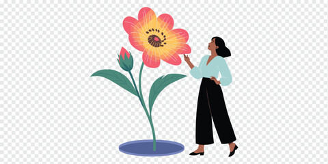 Woman Admiring a Large Vibrant Flower nature appreciation concept