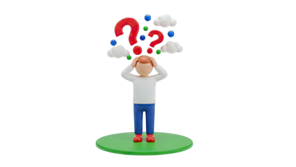 Confused Person with Question Marks and Clouds