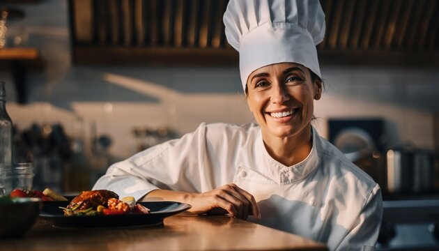 Smiling woman chef wearing a white uniform and toque looking directly at the camera in a professional kitchen