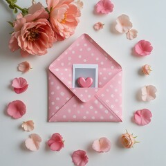 Pink polka dot envelope with heart and flowers for Valentine's Day