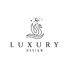 Graceful swan logo design on a lake with a crescent moon and stars above it.