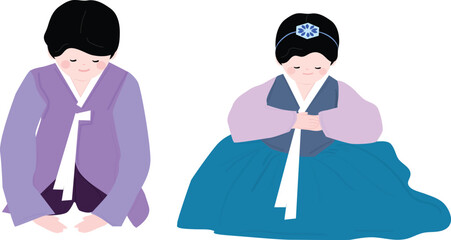 Man and Woman in Traditional Hanbok Sitting and Performing Ceremonial Bow, Korean New Year Illustration