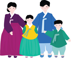 Family of Four Wearing Traditional Hanbok, Korean Cultural Illustration, Festive Family Design