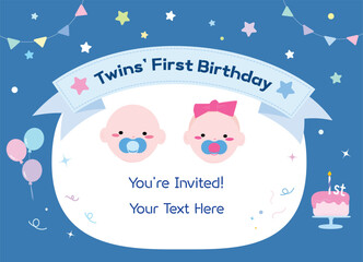 Twin First Birthday Invitation Template with Cute Boy and Girl