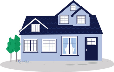 Two Story House Front with Attic, Garden Flowers, and Trees