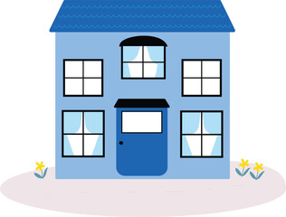 Two Story House Front with Attic and Garden Flowers