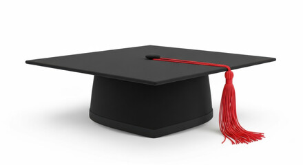 Black graduation cap with red tassel isolated on white backdrop symbolizing academic success and ceremony. Represents educational milestone in studio lighting with soft shadow.