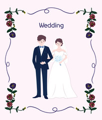 Wedding Couple Standing in Pink Rectangle Frame with Lisianthus Flower Border, Romantic Celebration Illustration