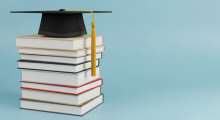 A graduation cap sits atop a neat stack of books set against a soft light blue backdrop representing education, knowledge, and academic achievement. 