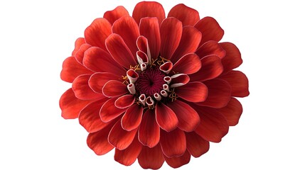 Red zinnia flowers with sharp and symmetrical petals, white background.
