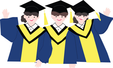 Graduation Trio Wearing Caps, Upper Body Illustration, Academic Celebration Design