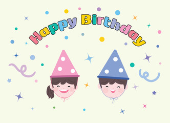 Happy Birthday Children Faces Wearing Party Hats Illustration
