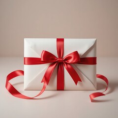 Beautifully wrapped white gift box with elegant red satin bow