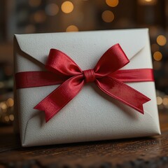 Beautifully wrapped gift with elegant red bow on white paper